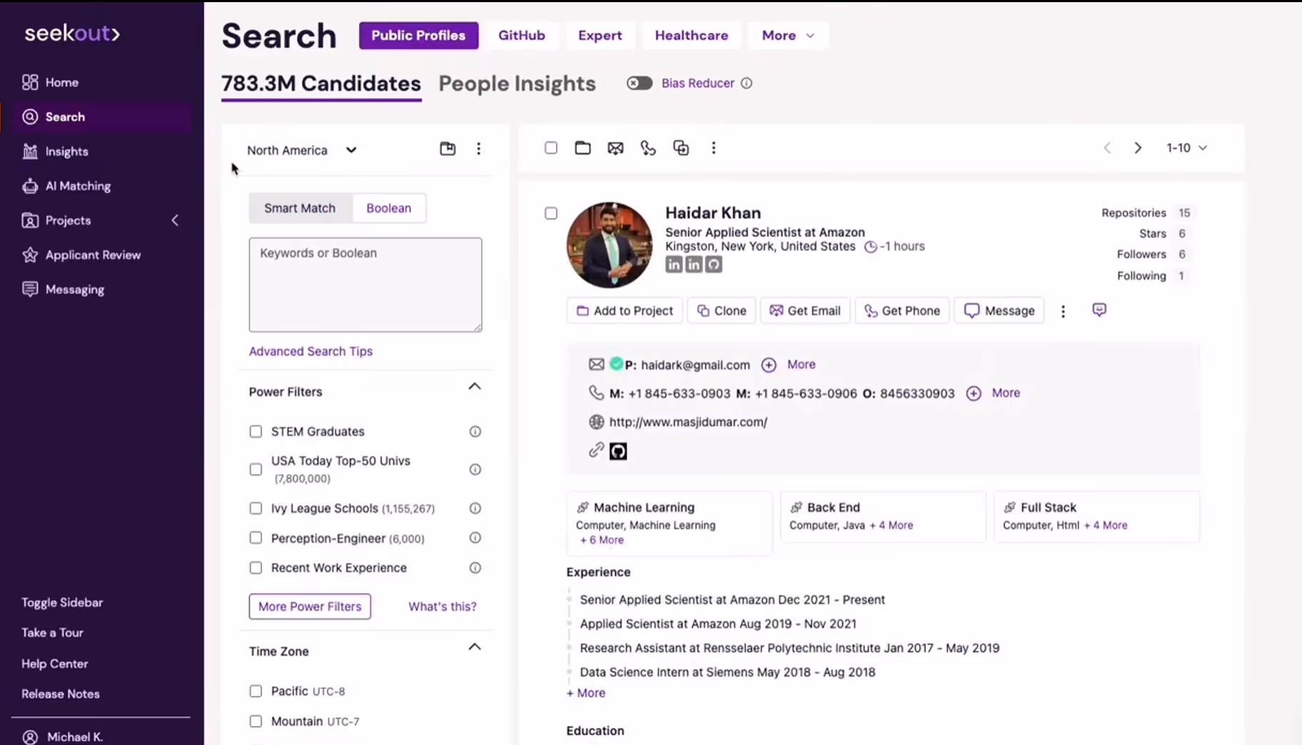 SeekOut recruiting tool dashboard screenshot