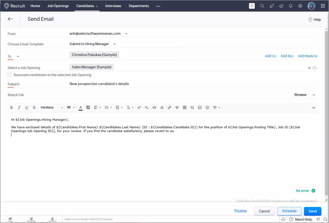 A screenshot of recruitment CRM software Zoho Recruit and its candidate engagement feature