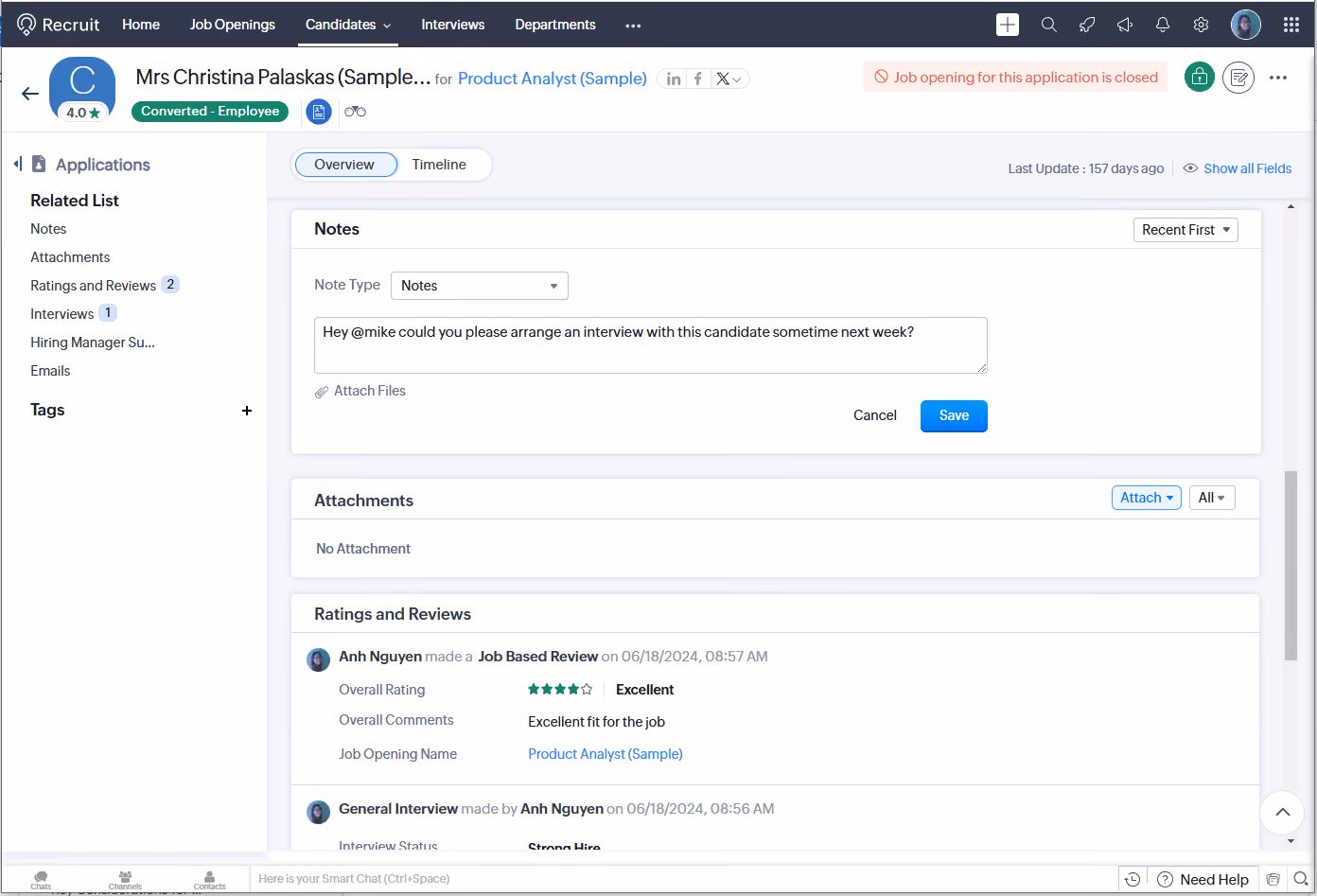 Screenshot of recruiting CRM Zoho Recruit and its team collaboration feature