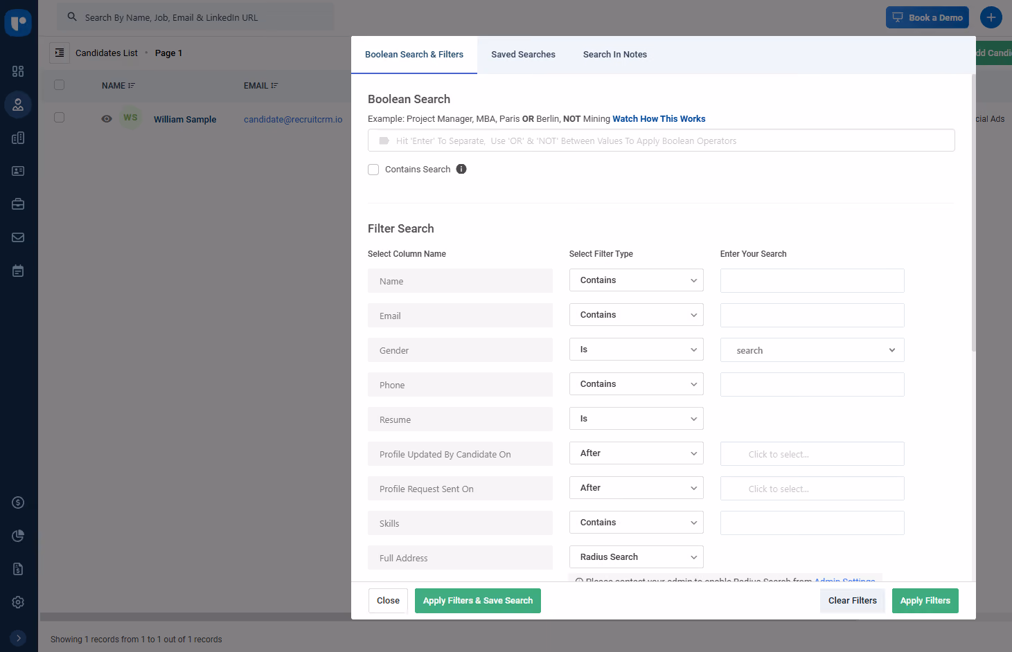 Recruit CRM offers Boolean search and multiple filtering options