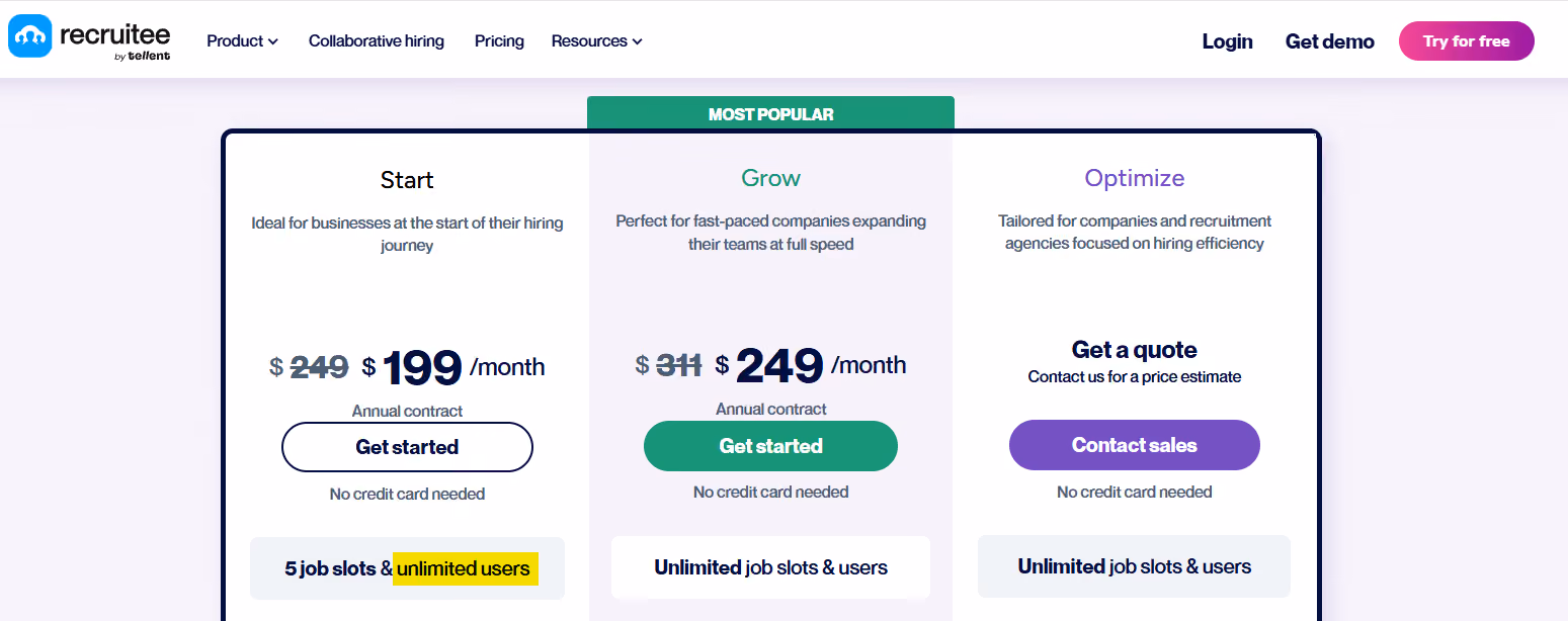 Recruitee is one of the recruiting CRMs that offer flat fee pricing structure