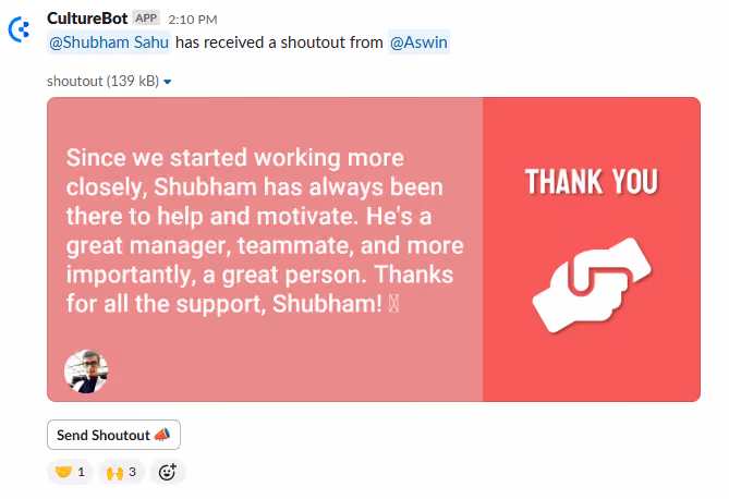 Example of having a dedicated channel for employee recognition