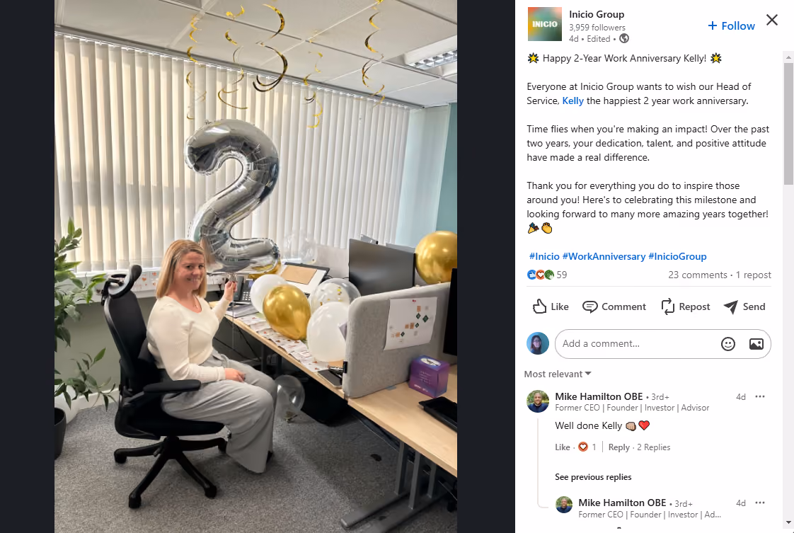 Celebrating employee work anniversary as public recognition idea