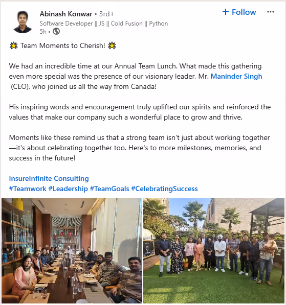Annual team lunch as a remote employee recognition idea