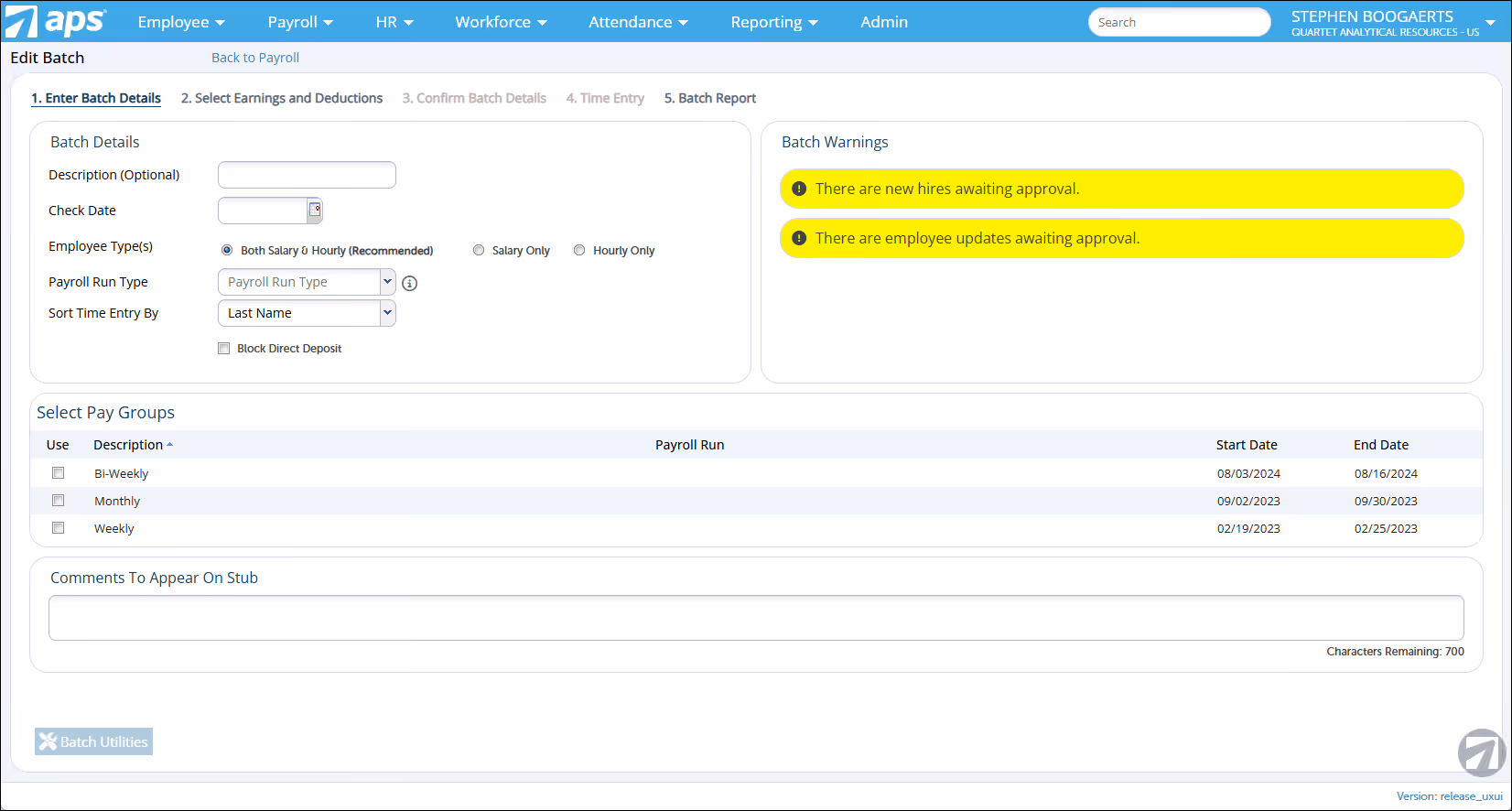 APS payroll software screenshot