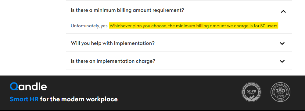 Recruiting platform Qandle requires minimum billing amount