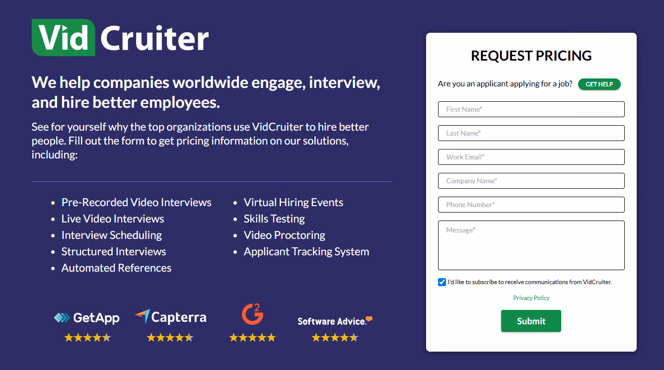 recruiting platform Vidcruiter has custom pricing
