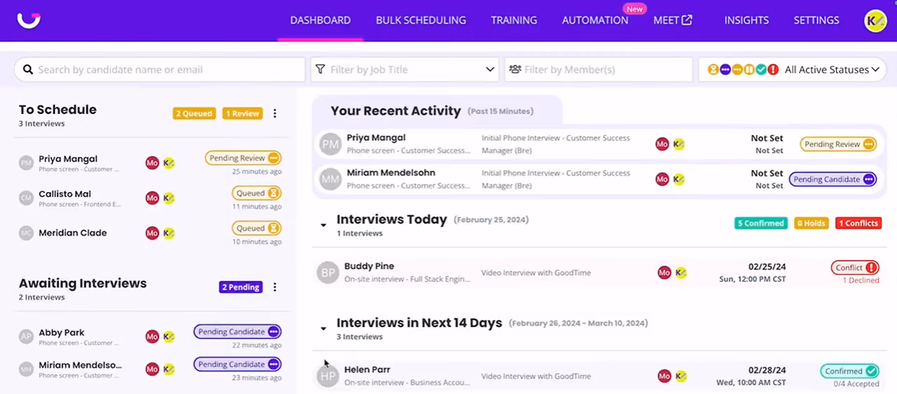 GoodTime interview scheduling software dashboard