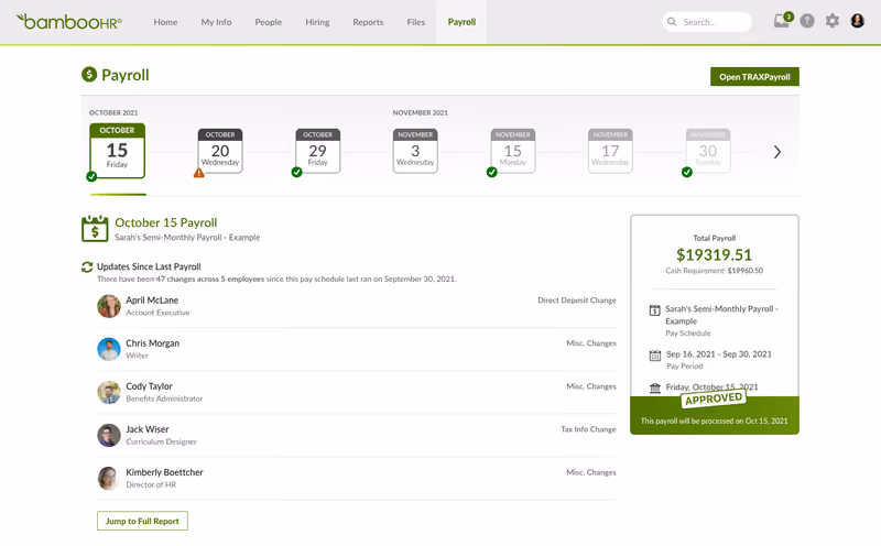 BambooHR is great for many different aspects of workforce management, including HR, onboarding, payroll, and more.