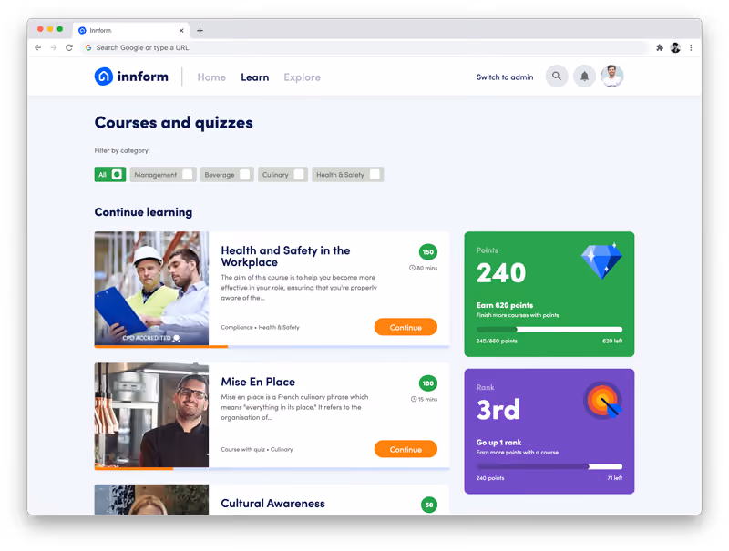 Innform tracks your employee training programs, educational courses, individual progress, and more.