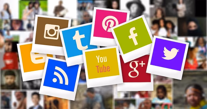 Several polaroid photos of social media icons bunched together