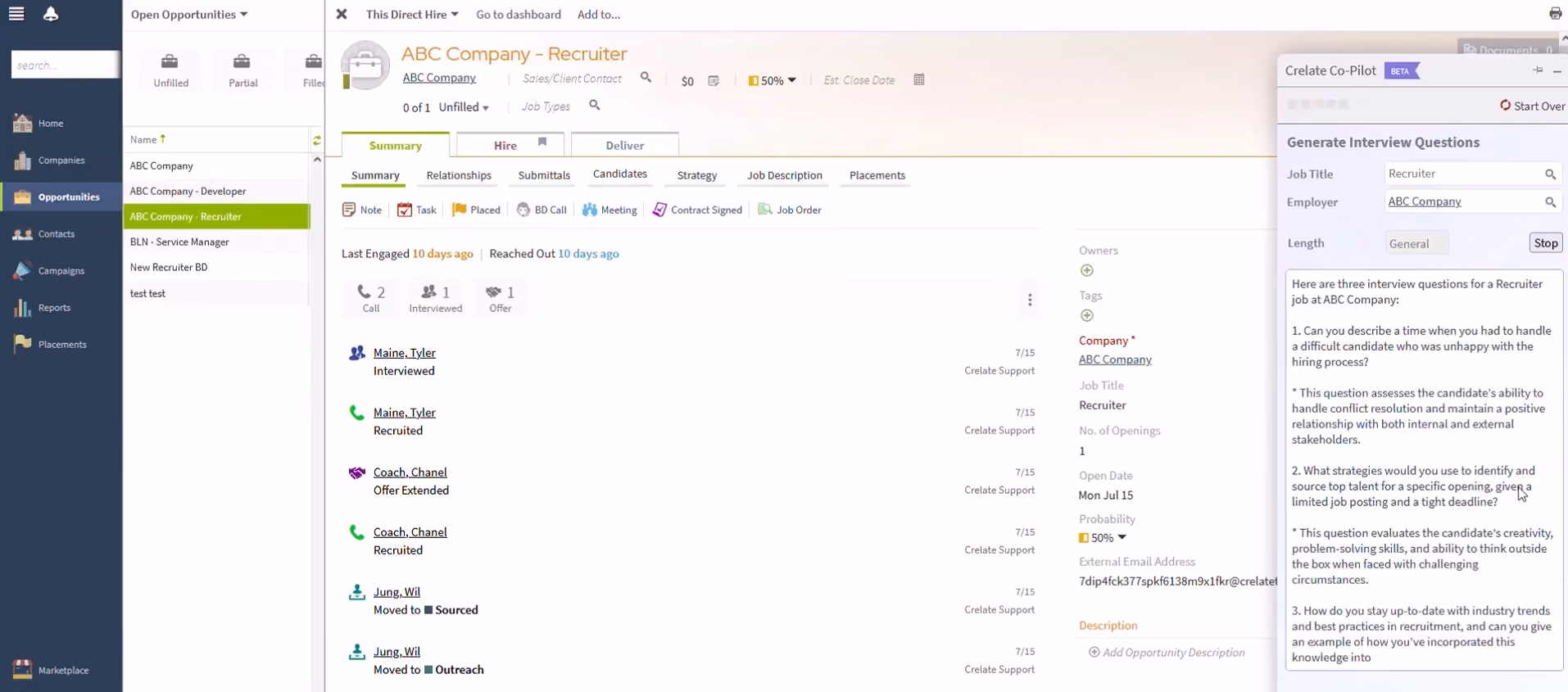 Crelate staffing agency software dashboard