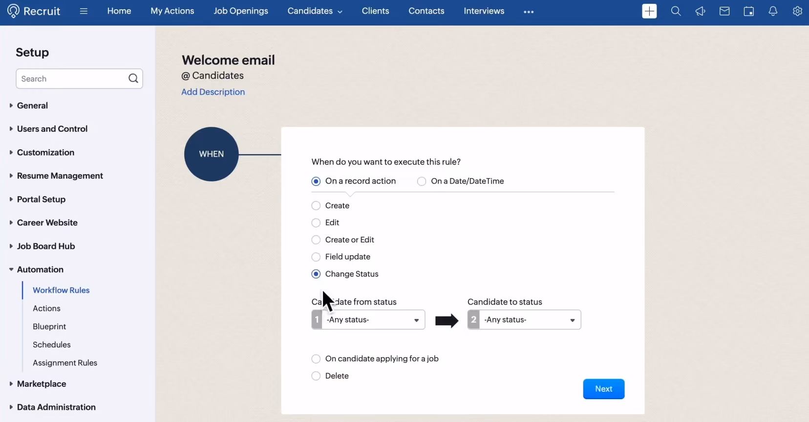 Zoho Recruit recruiting automation software screenshot
