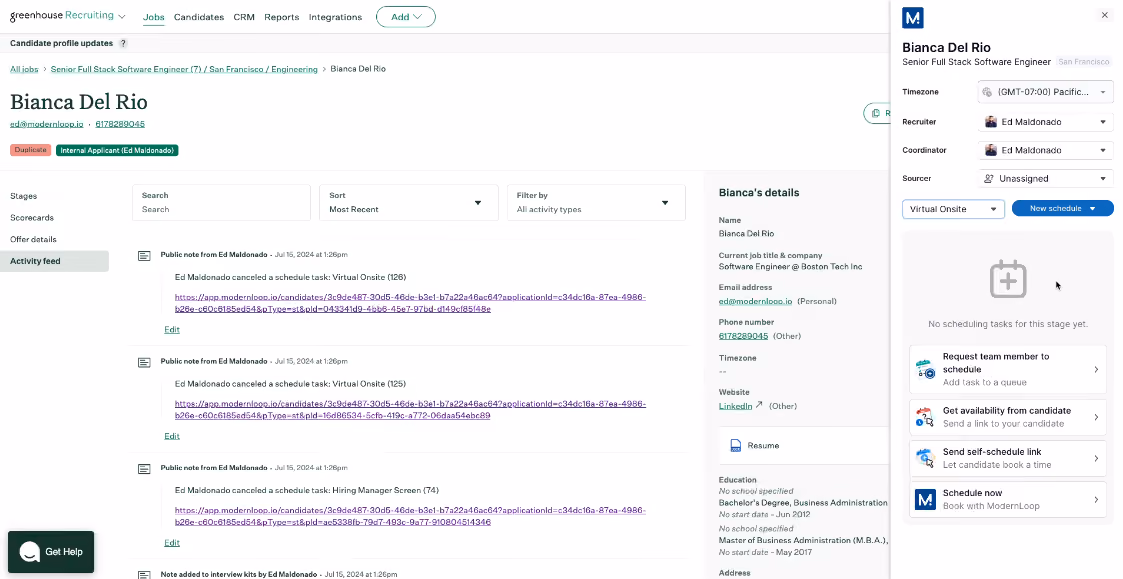 ModernLoop interview scheduling software’s zero-click scheduling feature