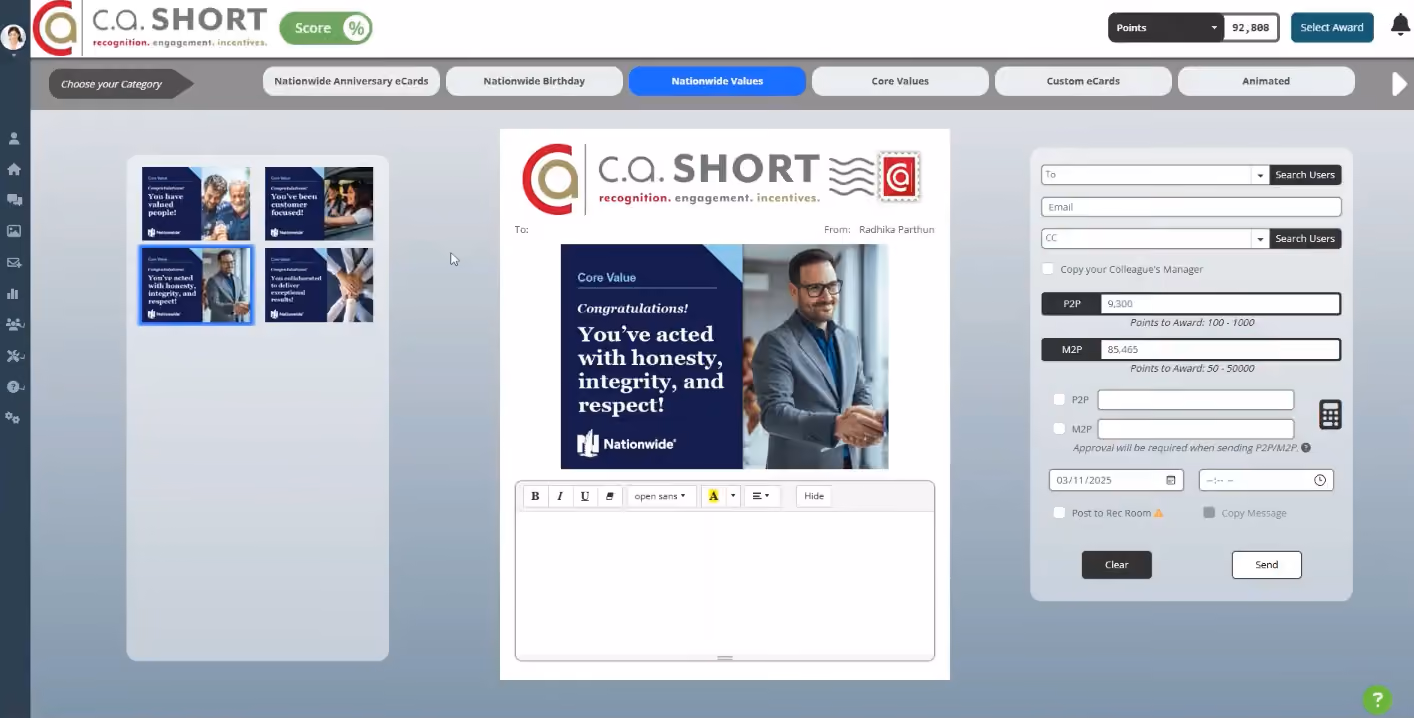 employee recognition platform C.A. Short screenshot