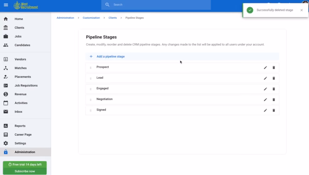 Staffing agencies can customize talent pipeline with Manatal pretty easily with drag-and-drop functionality
