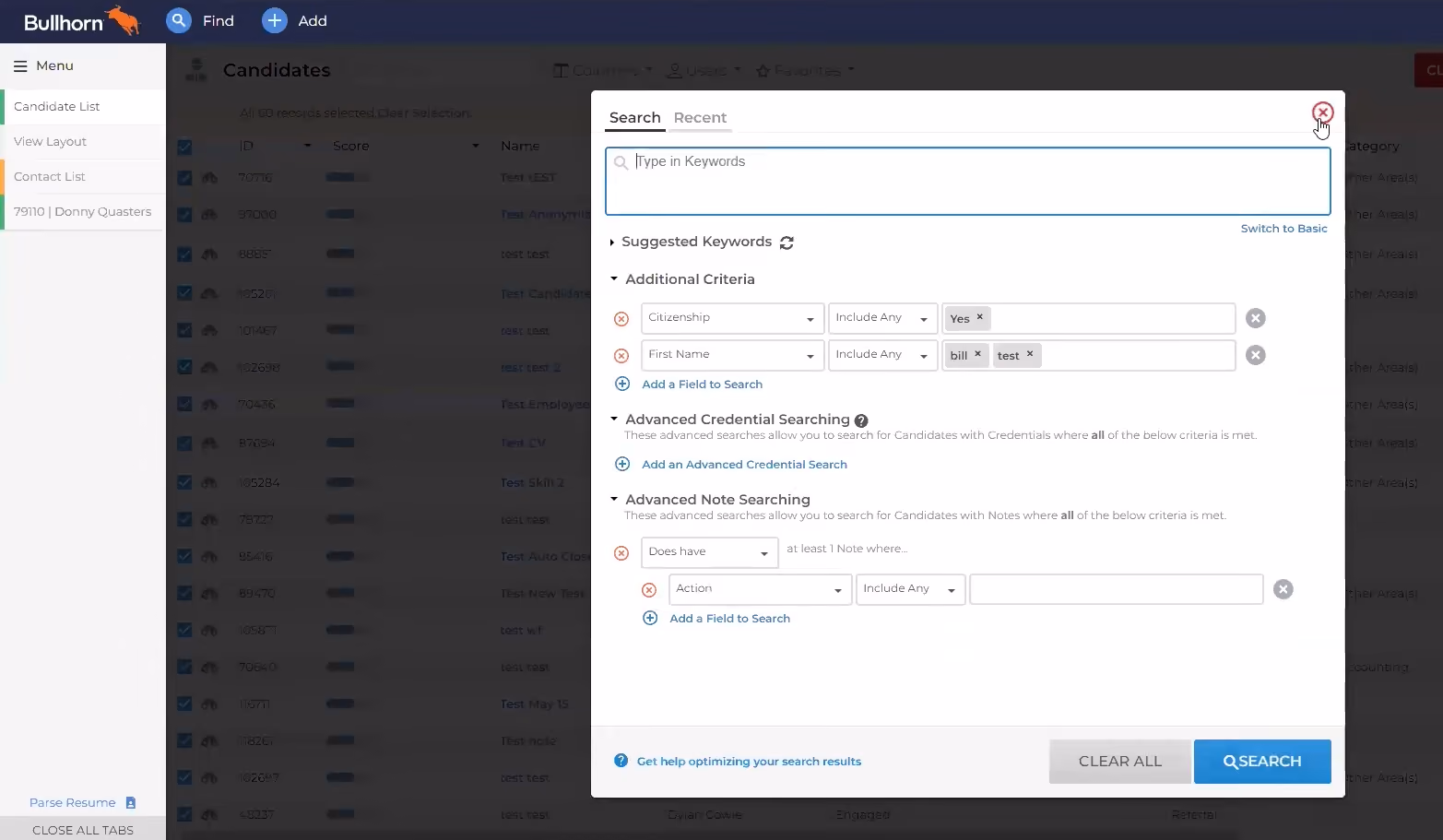 Bullhorn staffing agency software screenshot