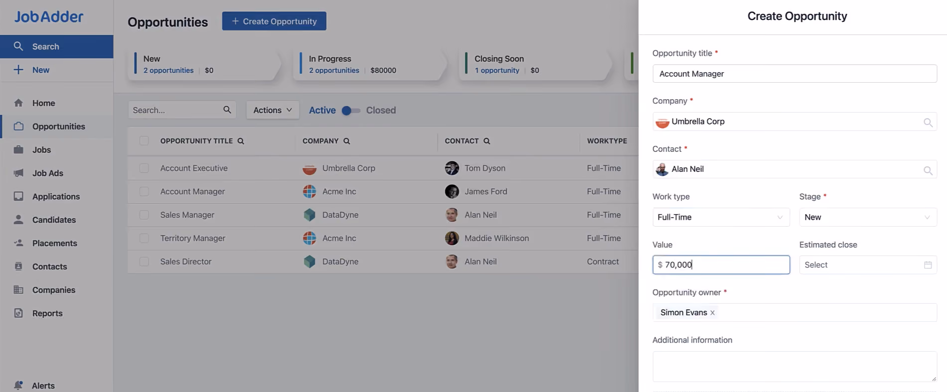 Screenshot of JobAdder recruitment software for staffing agencies