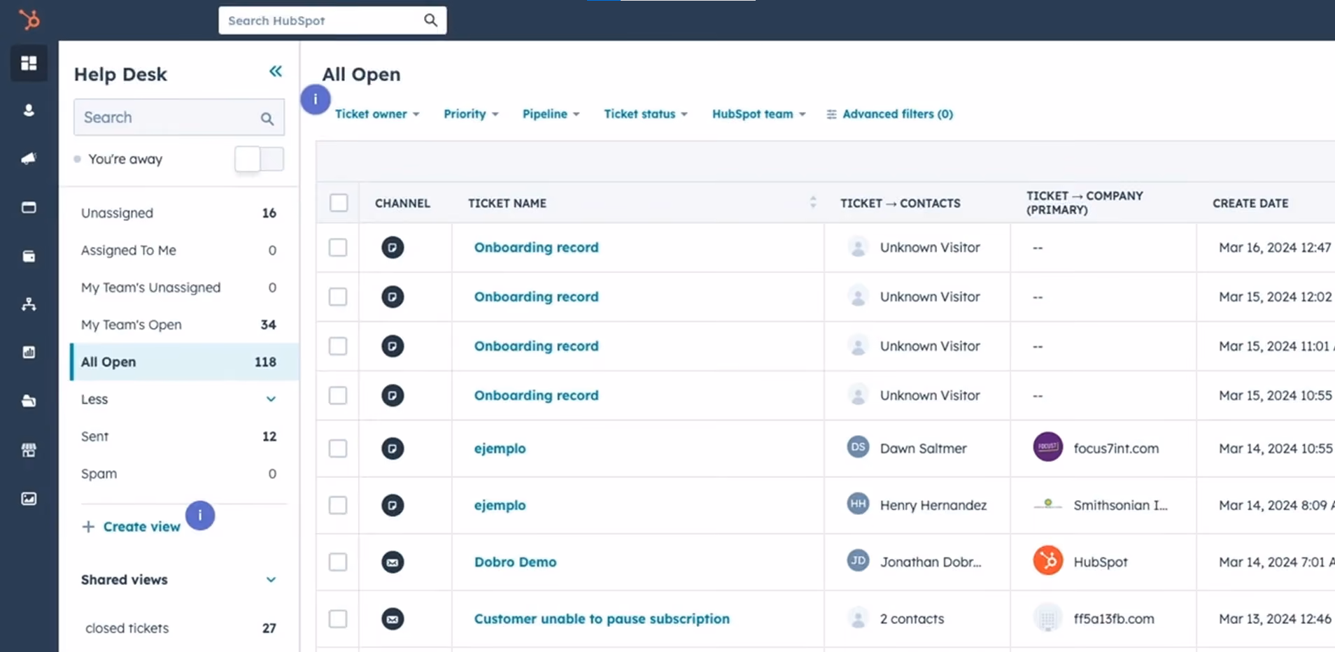Hubspot helpdesk ticketing system screenshot