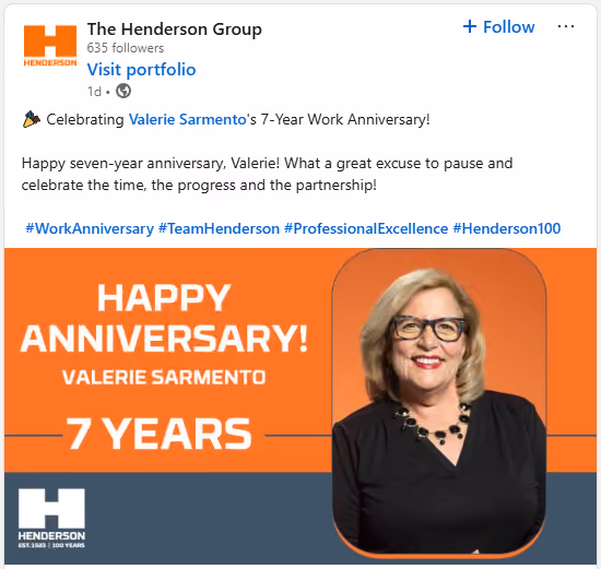 Image example of happy work anniversary message