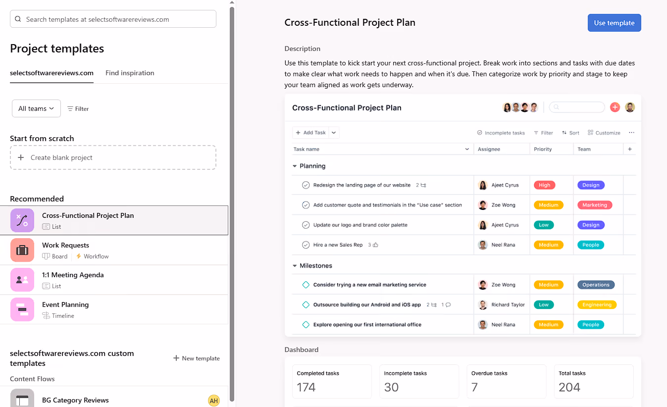 Asana project management software screenshot