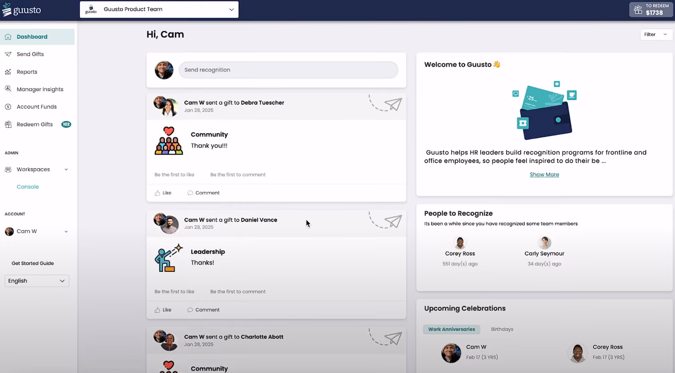 Guusto employee recognition program screenshot