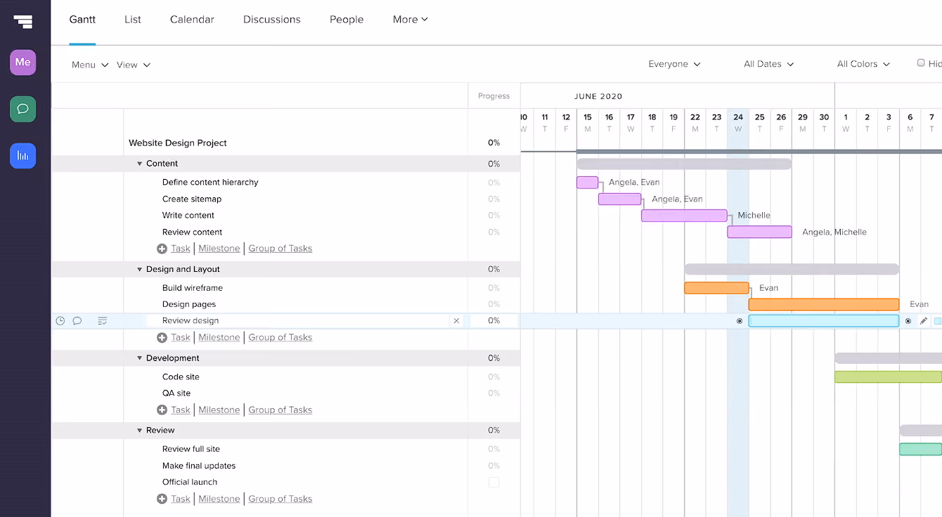 TeamGantt project management software screenshot