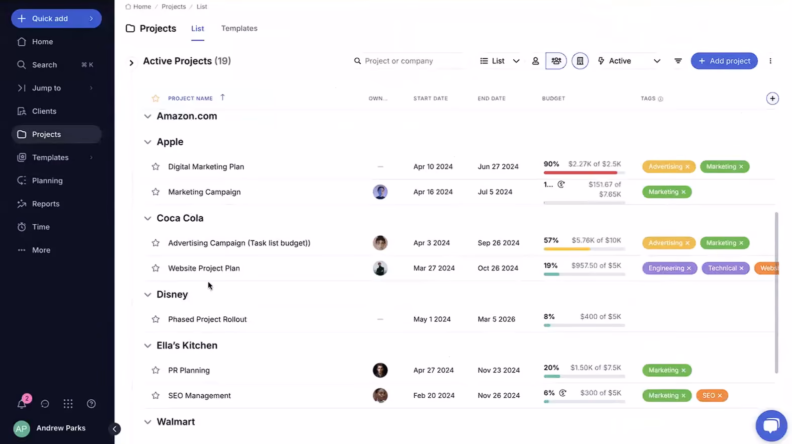 Teamwork project management platform screenshot