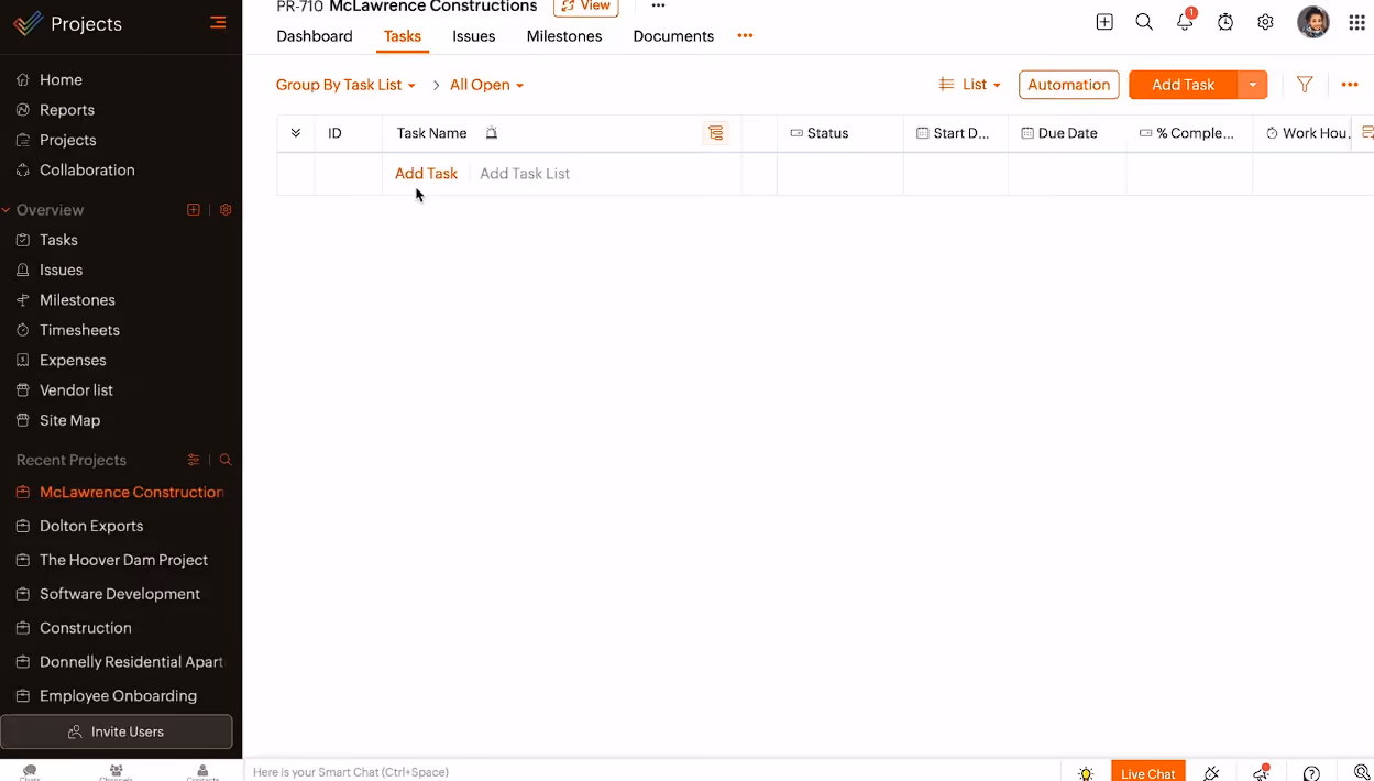 Zoho Projects platform screenshot