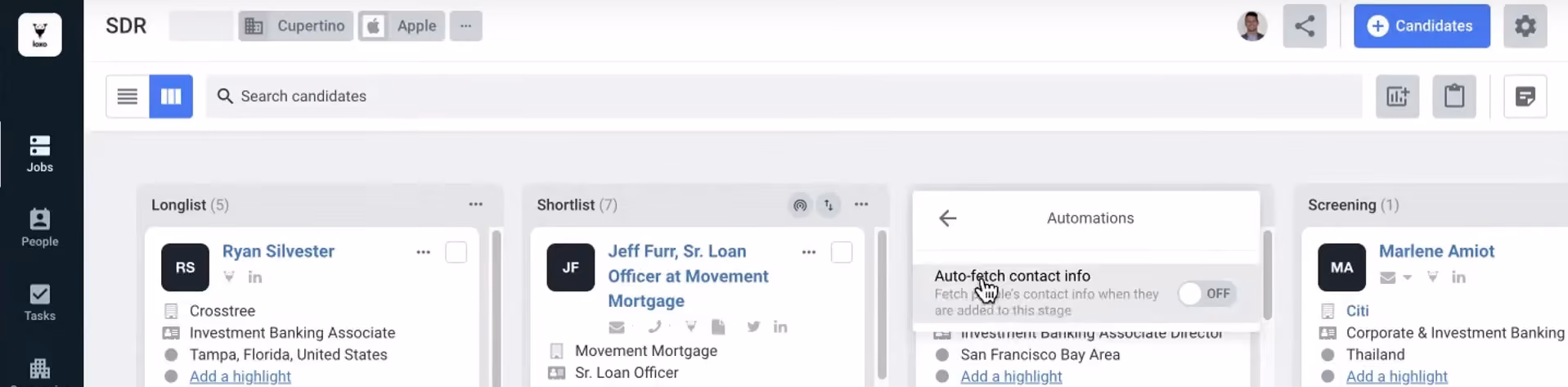 Loxo provides users with the option to auto-fetch candidate contact info in one click