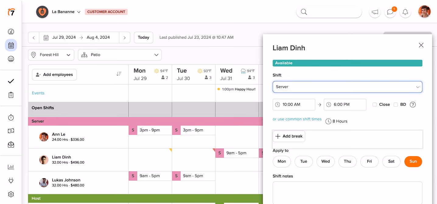 7shifts restaurant scheduling software screenshot