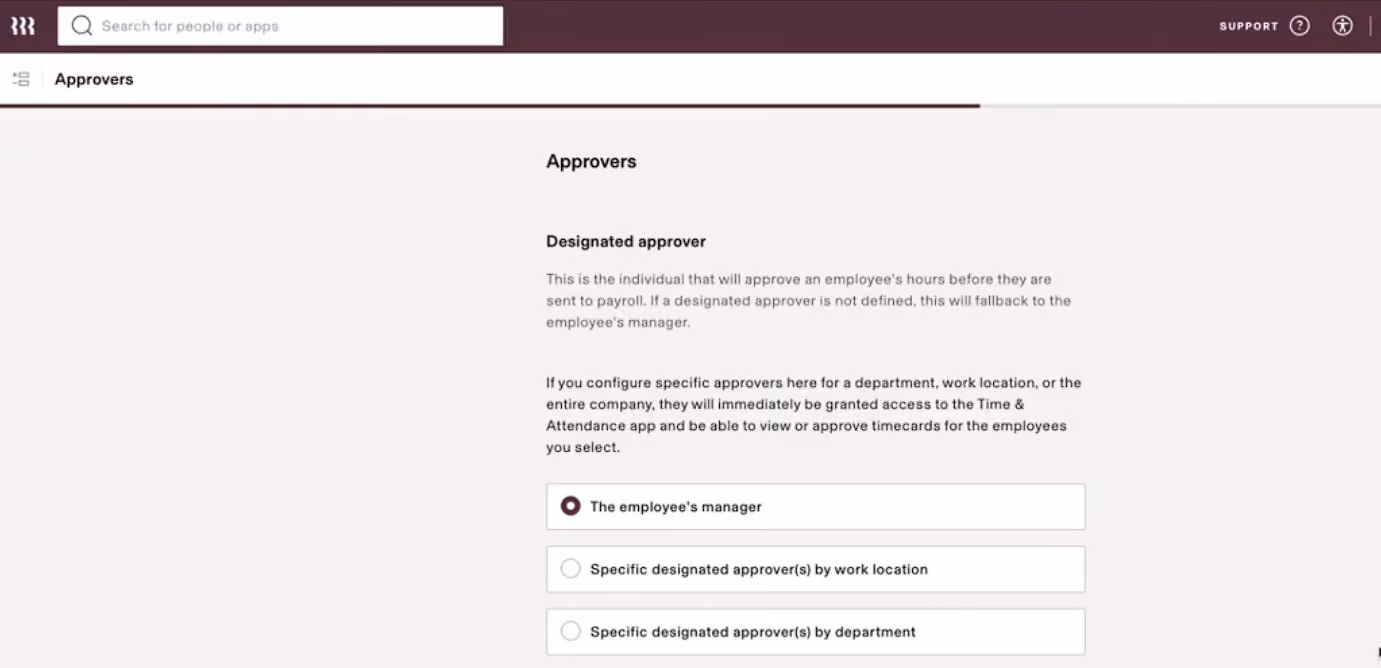 Rippling covers multiple construction HR software features, including time and attendance, in which admins can configure specific approvers for each work location or the entire company