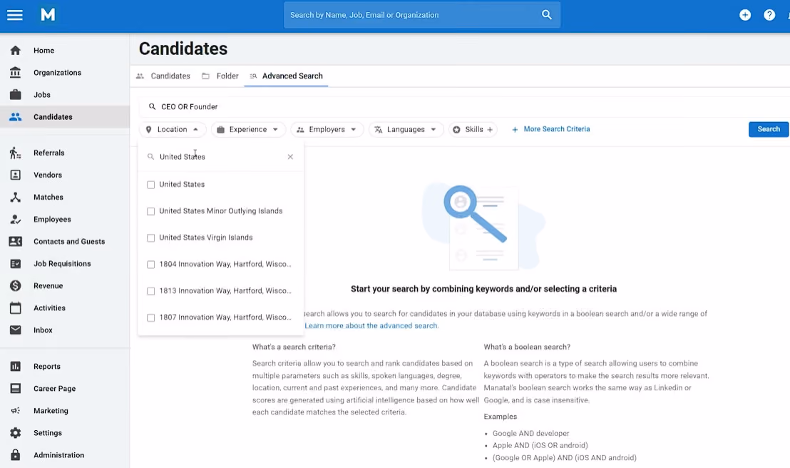Manatal ATS’s candidate search dashboard