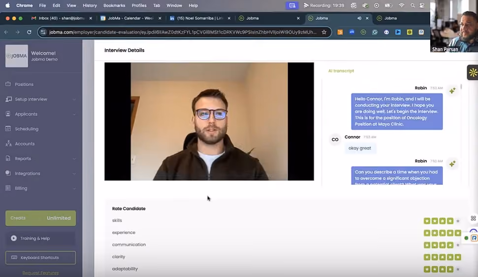 A screenshot of Jobma's video interview platform captured from our recent demo with the vendor.