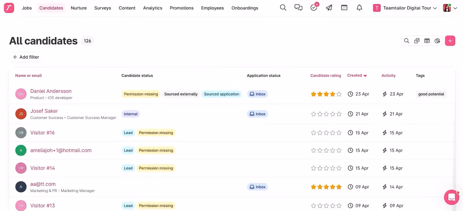 Candidates dashboard of Teamtailor’s ATS