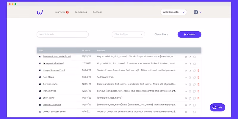 Willo interview screen