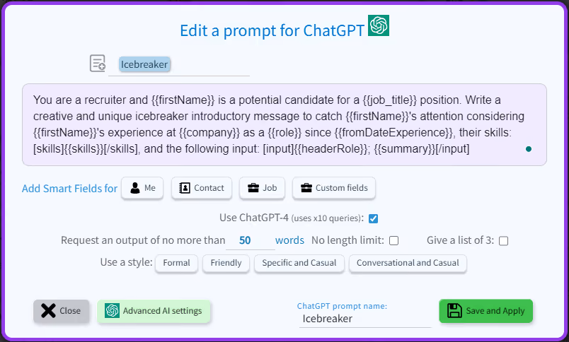 Custom AI prompt builder for outreach provided by AI recruitment software Jobin.cloud