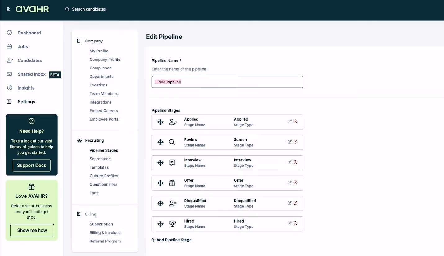 AvaHR recruiting platform UI