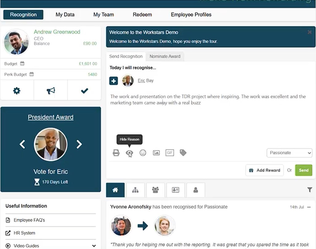 Workstars employee recognition platform dashboard