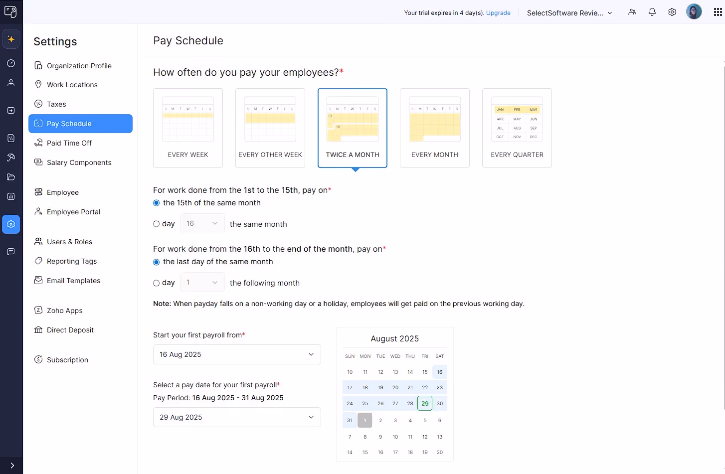 Zoho Payroll platform’s pay schedule dashboard