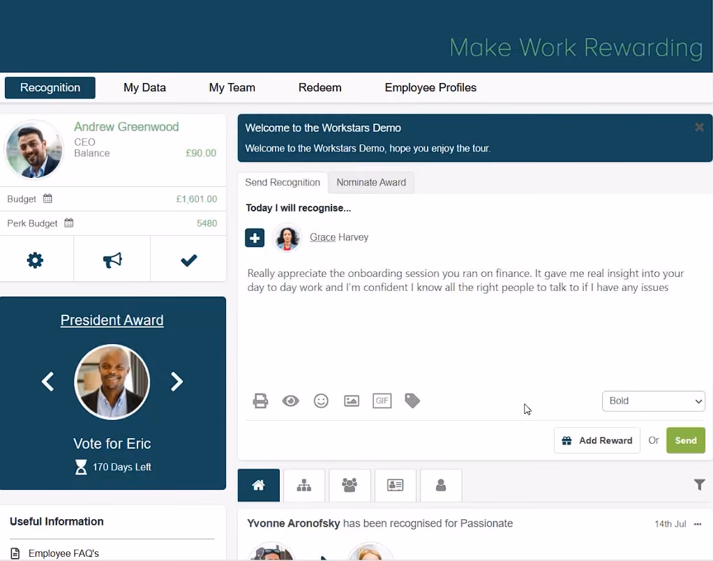 Workstars employee recognition platform dashboard