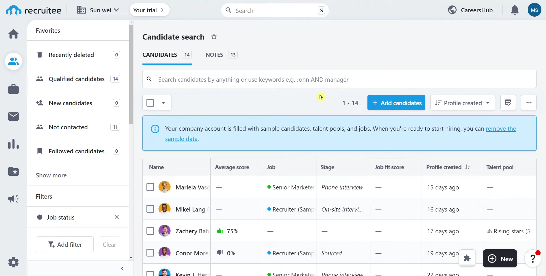 Recruitee ATS candidate search dashboard