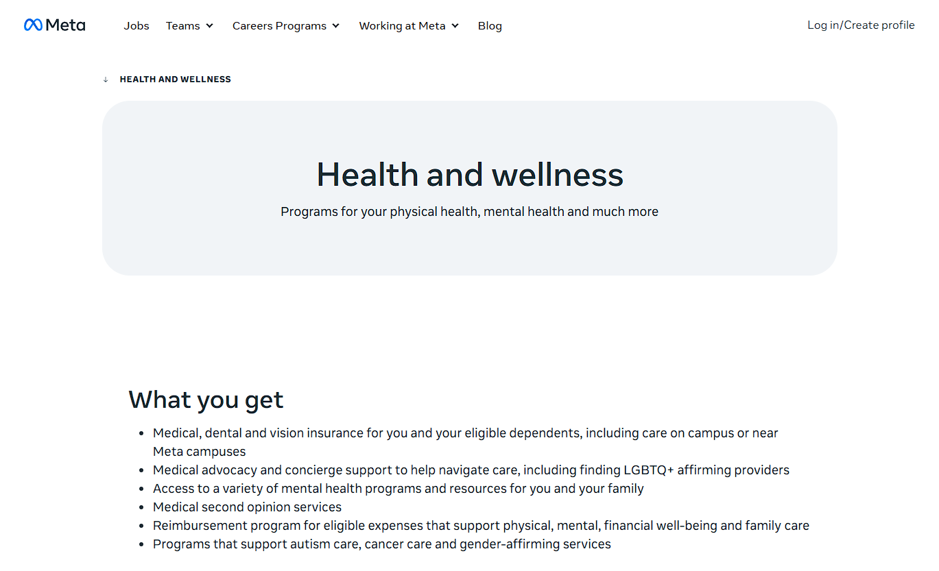 Meta benefits and perks offered to employees