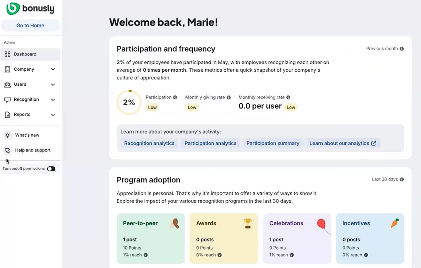 A screenshot of employee engagement and recognition Bonusly