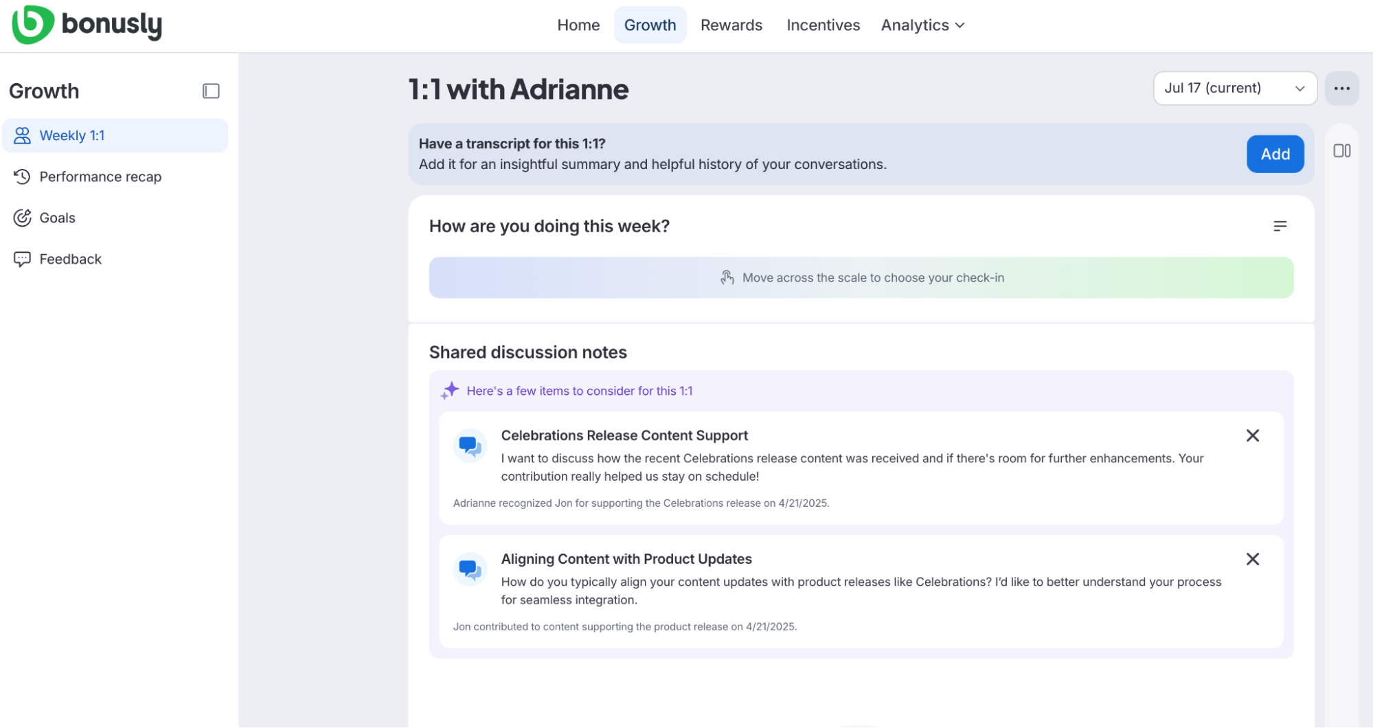 Bonusly performance management software UI