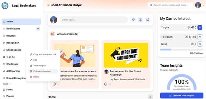 Assembly employee rewards program UI