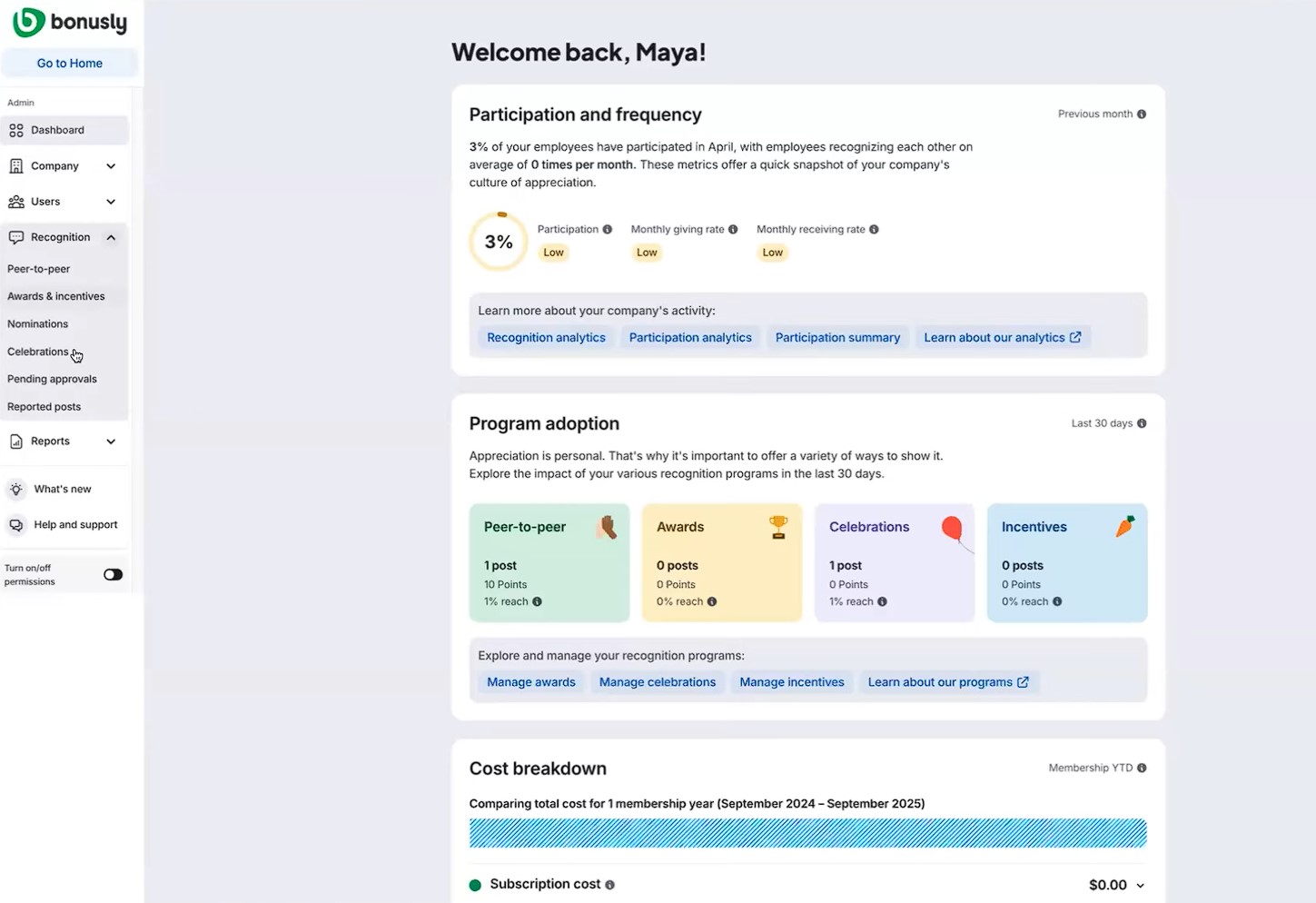 Bonusly employee rewards system UI