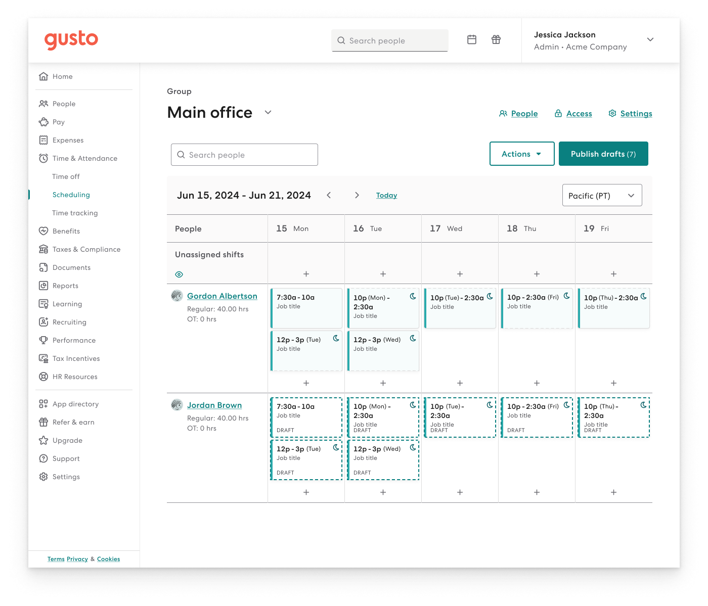 Gusto displays its scheduling dashboard, with a weekly calendar in the middle and boxes for each day showing the shift times and jobs for employees Gordon Albertson and Jordan Brown.