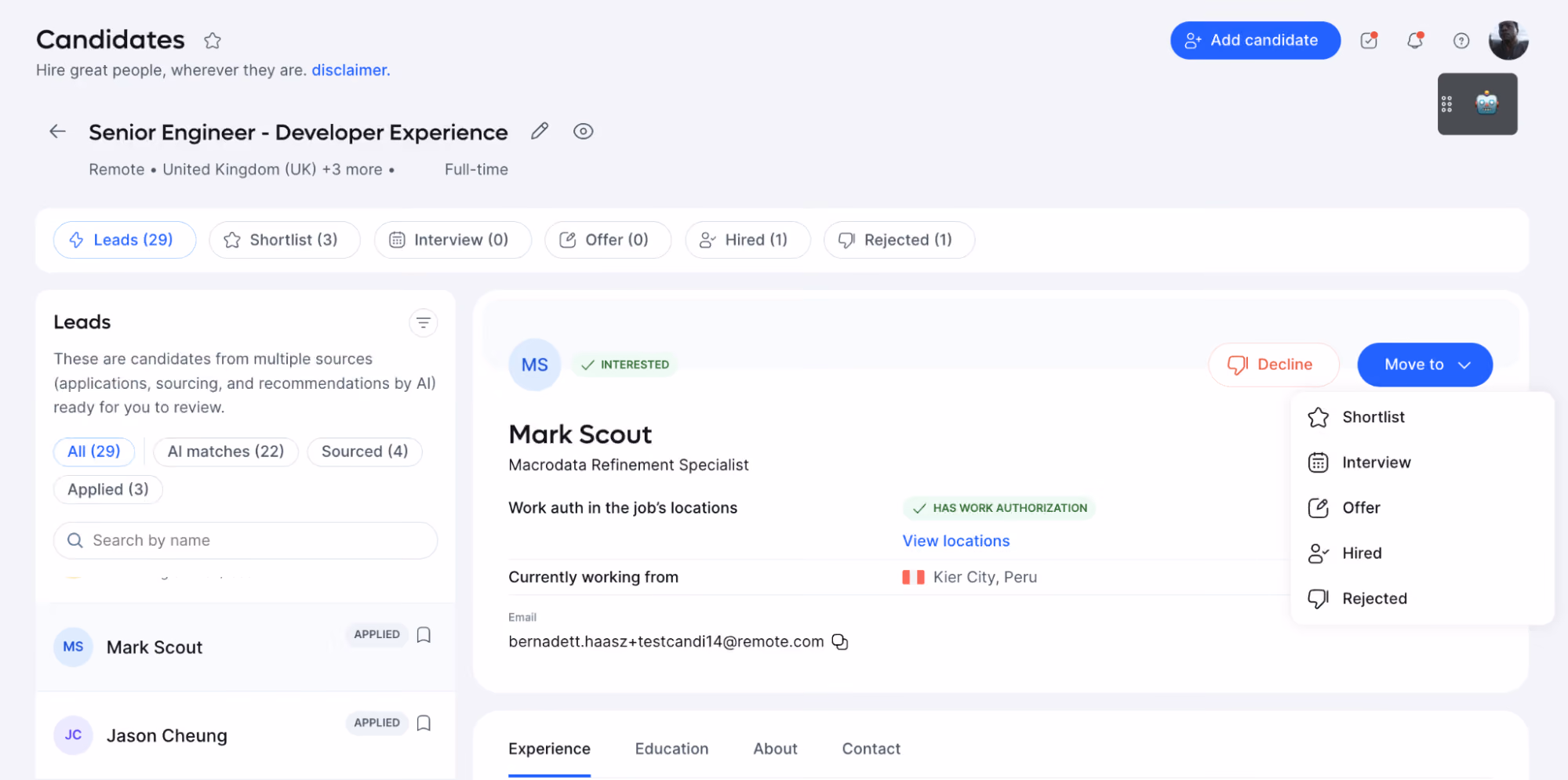Remote displays a candidate profile for Mark Scout, including their title, work authorization locations, email, experience, and contact information.