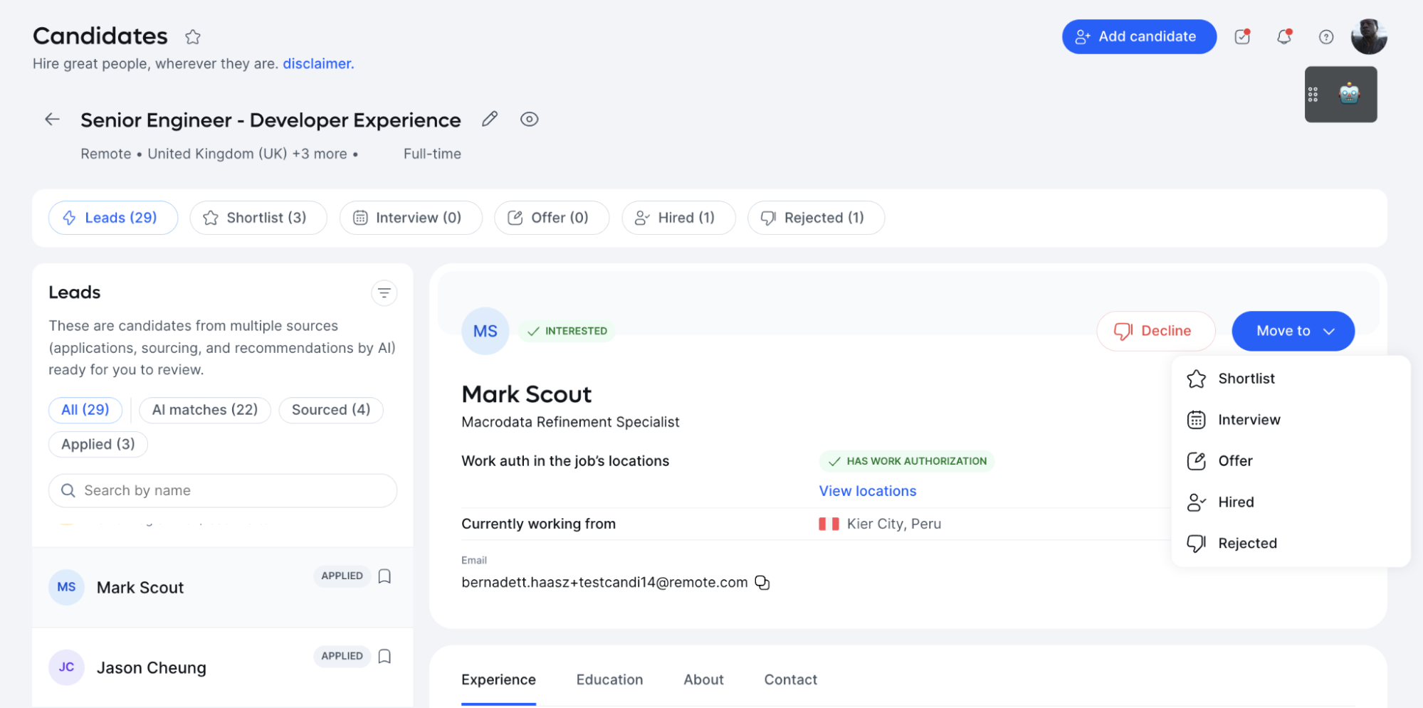Remote displays a candidate profile for Mark Scout, including their title, work authorization locations, email, experience, and contact information.